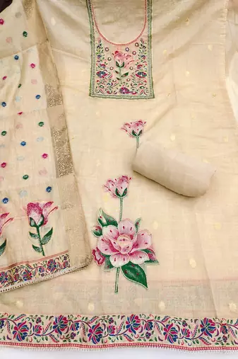 Beige color banarasi cotton fabric designer ethnic partywear suit