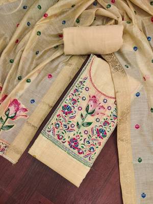 Beige color banarasi cotton fabric designer ethnic partywear suit 4