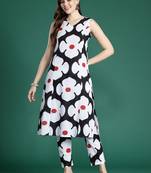 Black black and white floral printed pure cotton  kurta with trousers