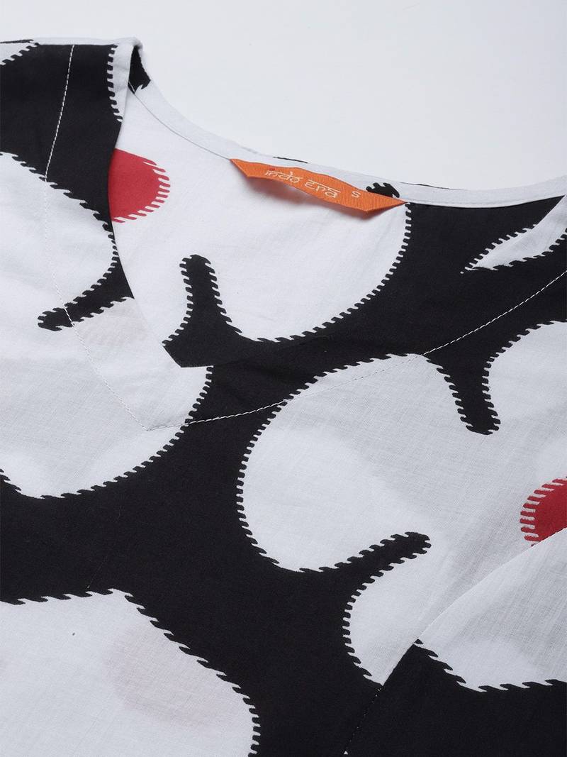 Black black and white floral printed pure cotton  kurta with trousers