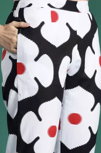 Black black and white floral printed pure cotton  kurta with trousers