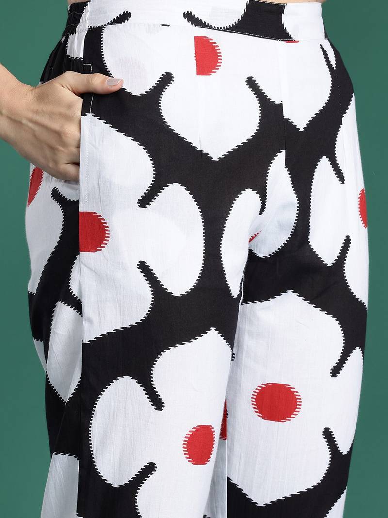 Black black and white floral printed pure cotton  kurta with trousers