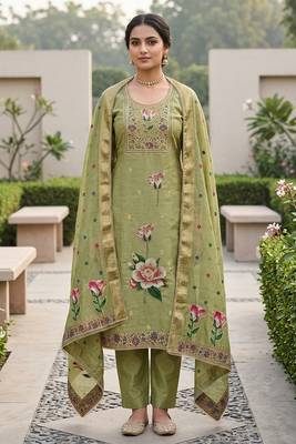 Green color banarasi cotton fabric designer ethnic partywear suit 1