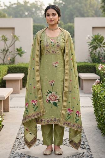 Green color banarasi cotton fabric designer ethnic partywear suit