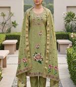 Green color banarasi cotton fabric designer ethnic partywear suit