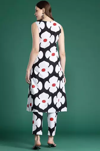 Black black and white floral printed pure cotton  kurta with trousers