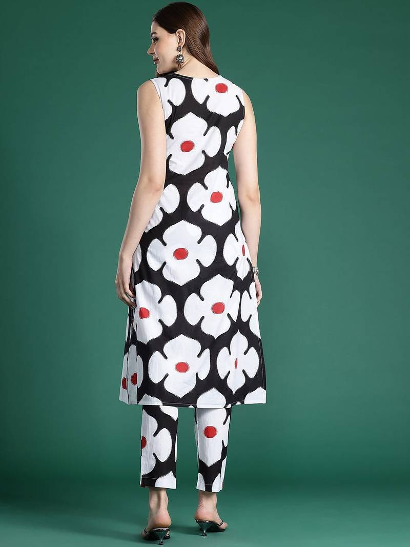 Black black and white floral printed pure cotton  kurta with trousers
