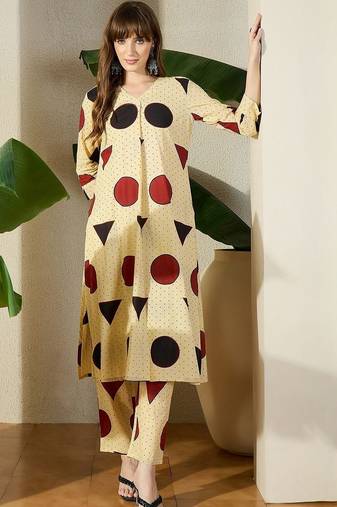 Beige women printed regular pure cotton kurta with trousers