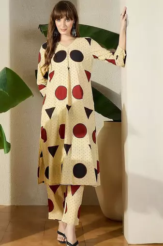Beige women printed regular pure cotton kurta with trousers