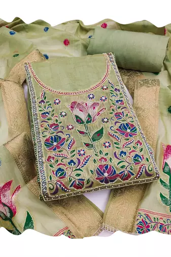 Green color banarasi cotton fabric designer ethnic partywear suit