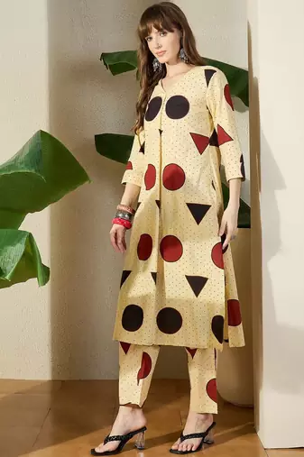 Beige women printed regular pure cotton kurta with trousers