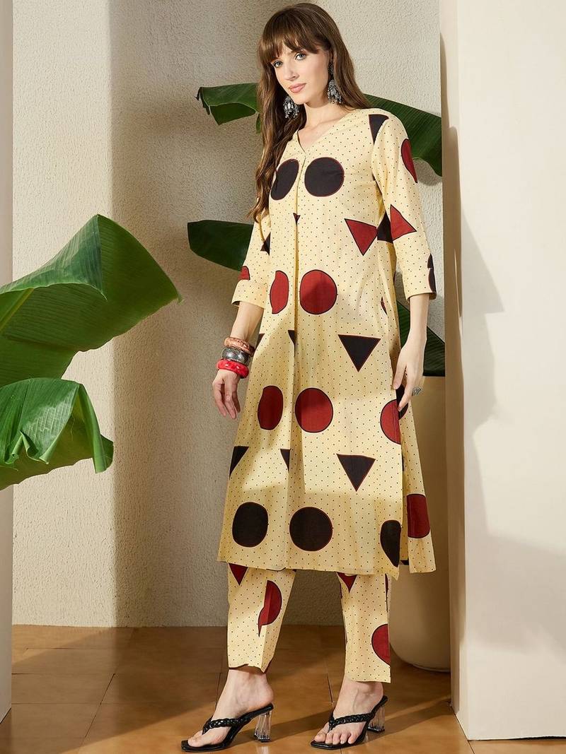 Beige women printed regular pure cotton kurta with trousers