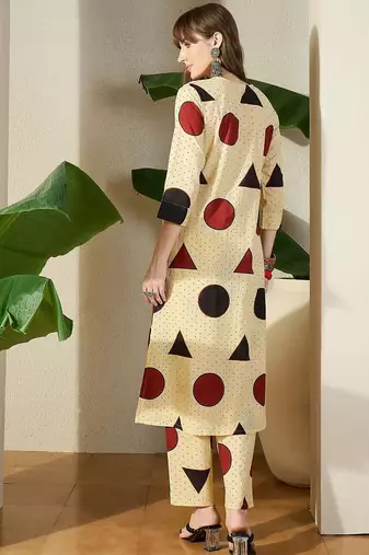 Beige women printed regular pure cotton kurta with trousers
