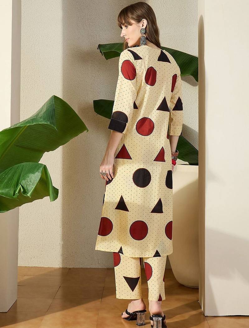 Beige women printed regular pure cotton kurta with trousers