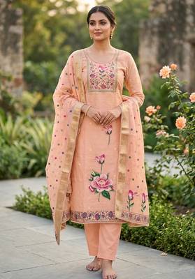 Peach color banarasi cotton fabric designer ethnic partywear suit 1