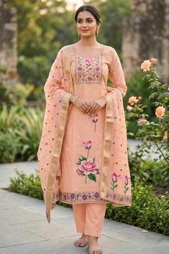Peach color banarasi cotton fabric designer ethnic partywear suit