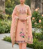 Peach color banarasi cotton fabric designer ethnic partywear suit
