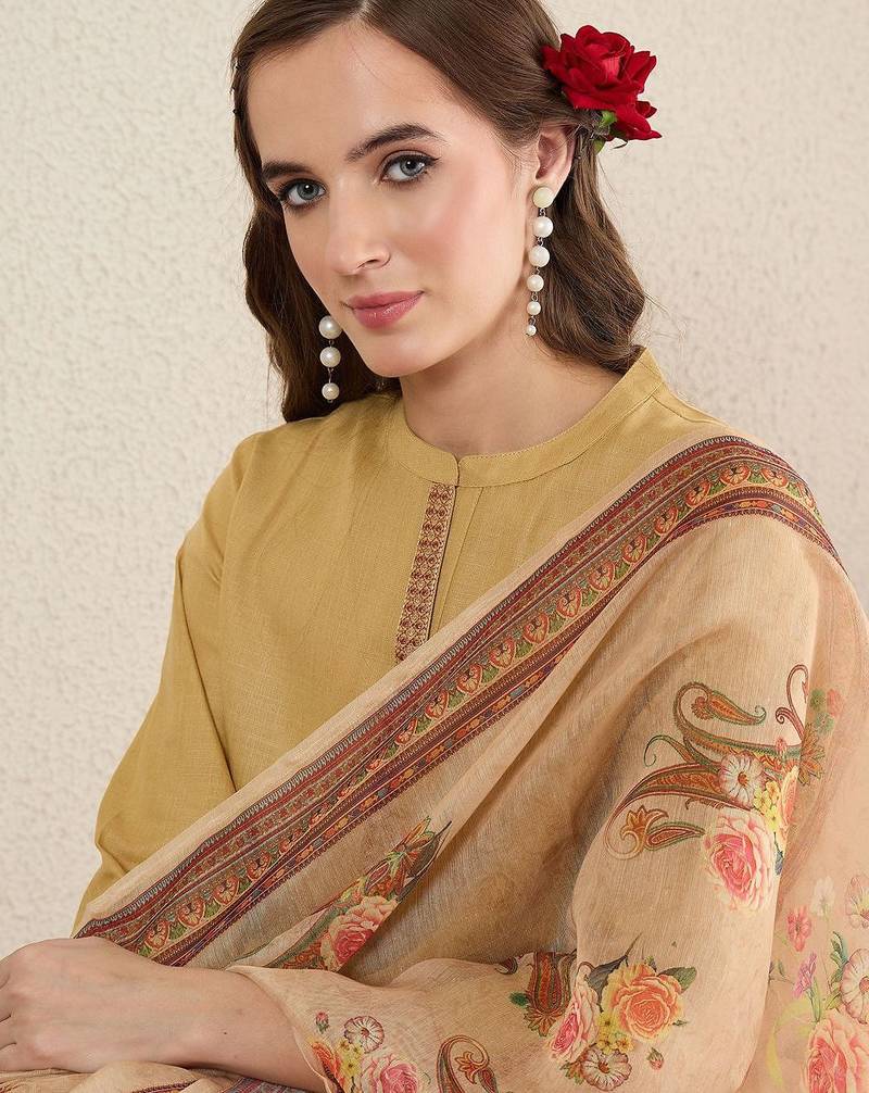 Beige women solid kurta with trousers & dupatta