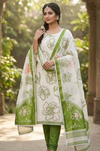 Off white color banarasi cotton fabric designer ethnic partywear suit