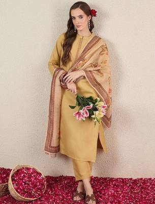 Beige women solid kurta with trousers & dupatta 2