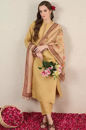 Beige women solid kurta with trousers & dupatta