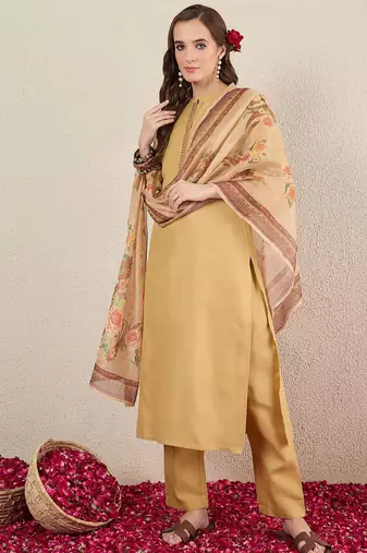 Beige women solid kurta with trousers & dupatta