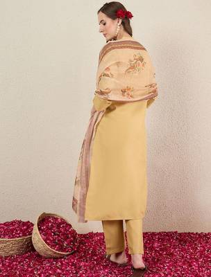 Beige women solid kurta with trousers & dupatta 4