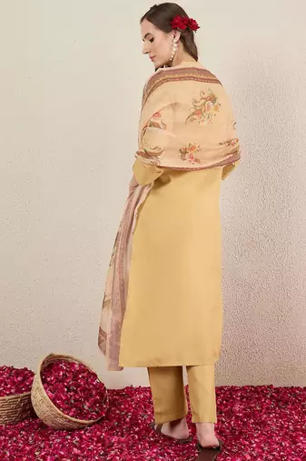 Beige women solid kurta with trousers & dupatta