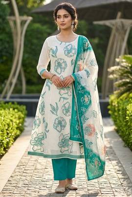 Off white color banarasi cotton fabric designer ethnic partywear suit 1