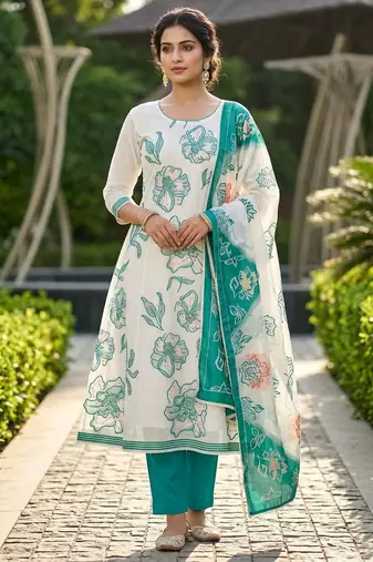Off white color banarasi cotton fabric designer ethnic partywear suit
