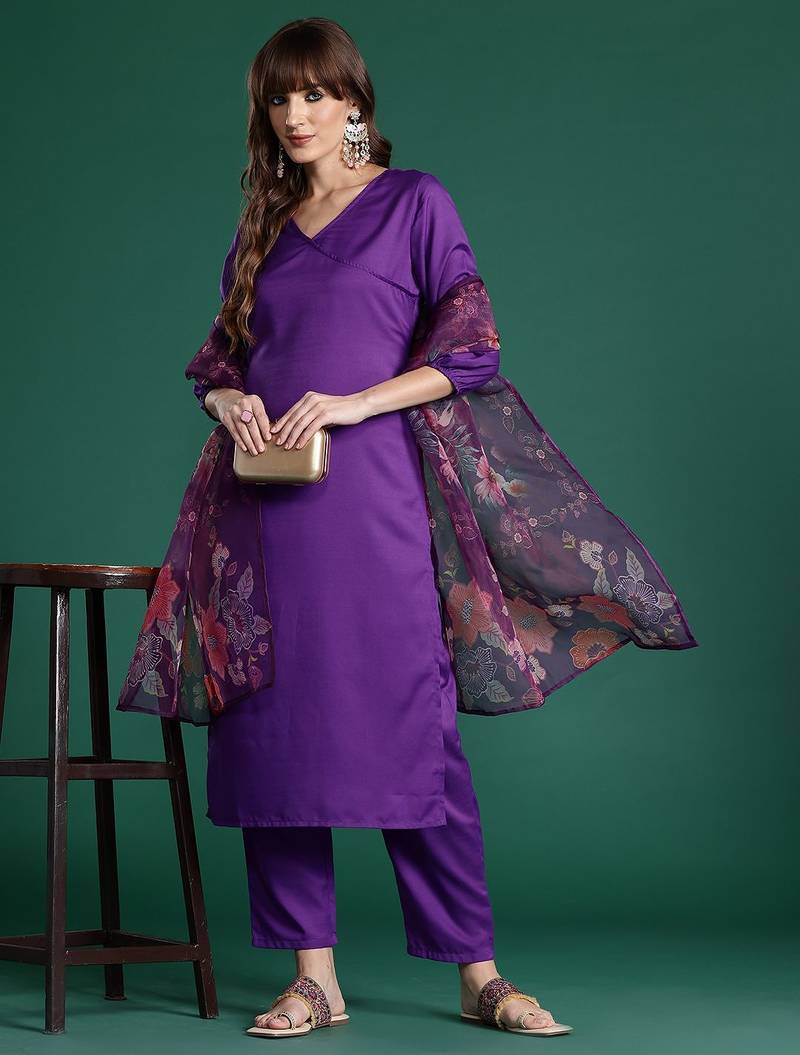 Purple angrakha kurta with trousers & with dupatta