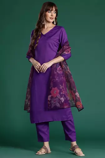 Purple angrakha kurta with trousers & with dupatta