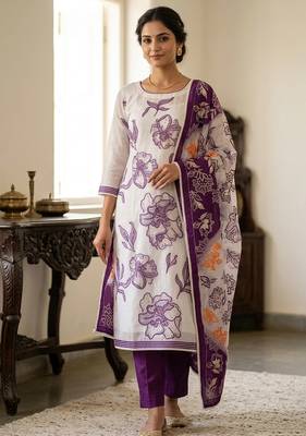 Off white color banarasi cotton fabric designer ethnic partywear suit 1