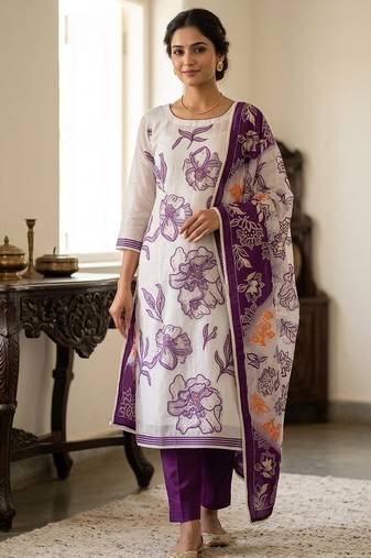 Off white color banarasi cotton fabric designer ethnic partywear suit