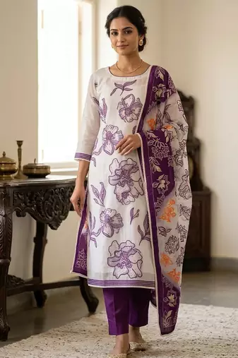 Off white color banarasi cotton fabric designer ethnic partywear suit