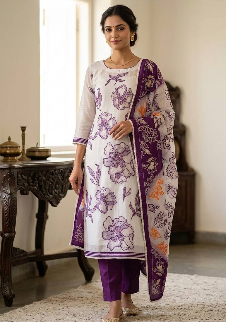 Off white color banarasi cotton fabric designer ethnic partywear suit