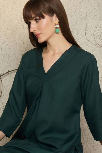 Green pleated v-neck a-line kurta with trousers
