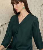 Green pleated v-neck a-line kurta with trousers