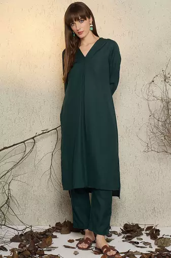 Green pleated v-neck a-line kurta with trousers