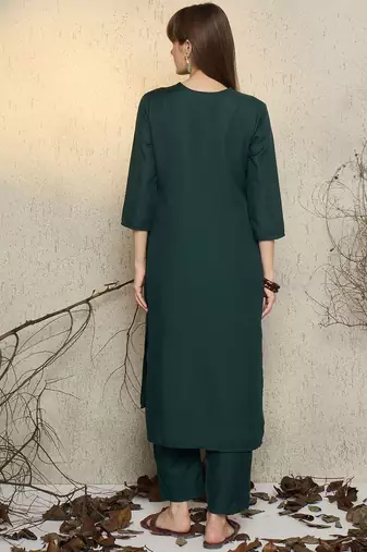 Green pleated v-neck a-line kurta with trousers