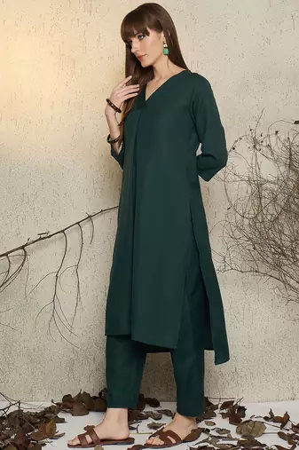 Green pleated v-neck a-line kurta with trousers
