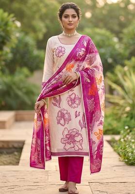 Off white color banarasi cotton fabric designer ethnic partywear suit 1