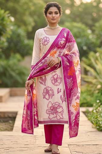 Off white color banarasi cotton fabric designer ethnic partywear suit