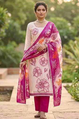 Off white color banarasi cotton fabric designer ethnic partywear suit