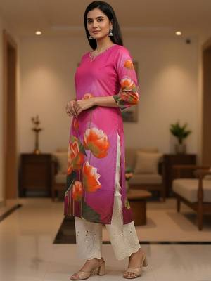 Pink women floral printed mirror work kurta 1