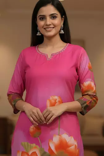 Pink women floral printed mirror work kurta