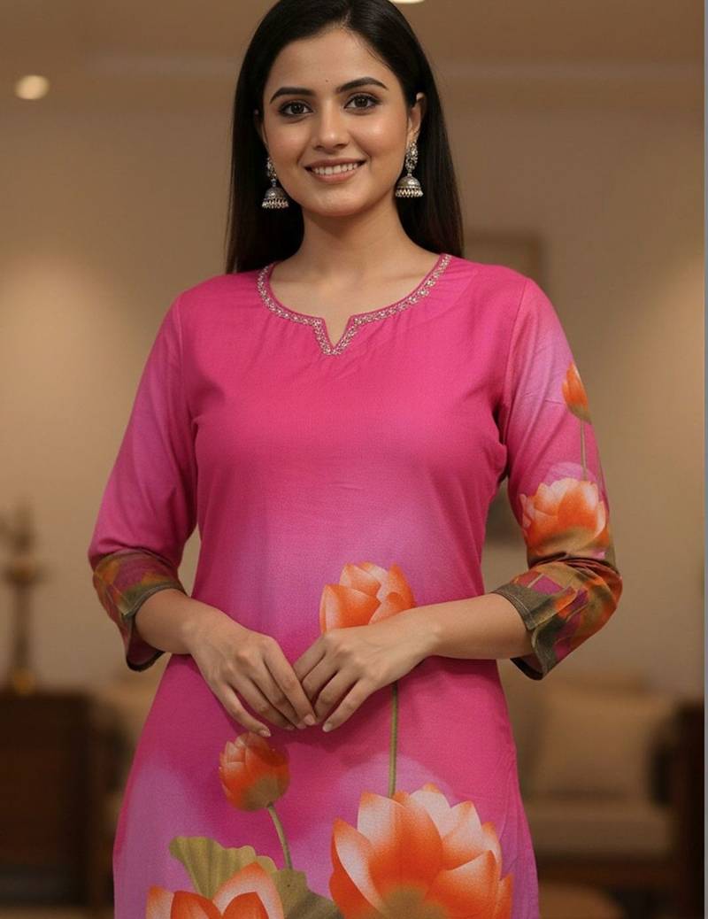Pink women floral printed mirror work kurta