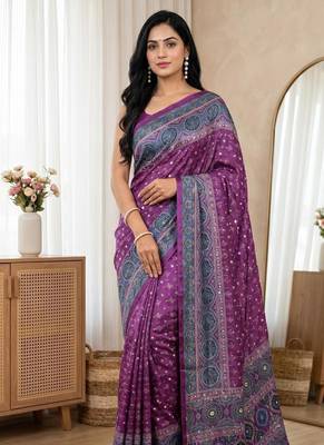 New Trending Soft Silk Blend With ajarakh Print And Real Mirrar Work Women's Saree With Blouse Set 1
