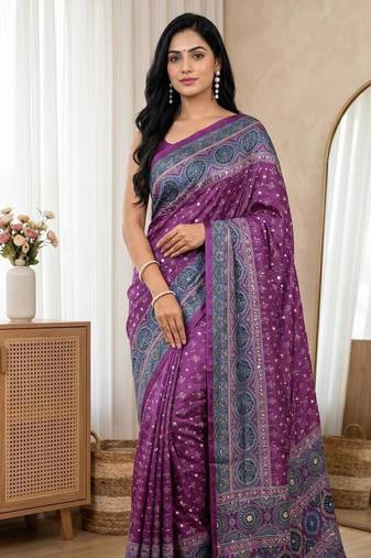 New Trending Soft Silk Blend With ajarakh Print And Real Mirrar Work Women's Saree With Blouse Set