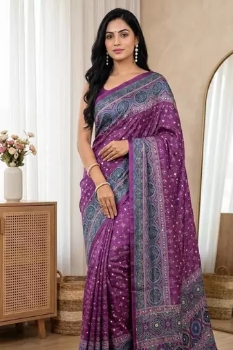 New Trending Soft Silk Blend With ajarakh Print And Real Mirrar Work Women's Saree With Blouse Set